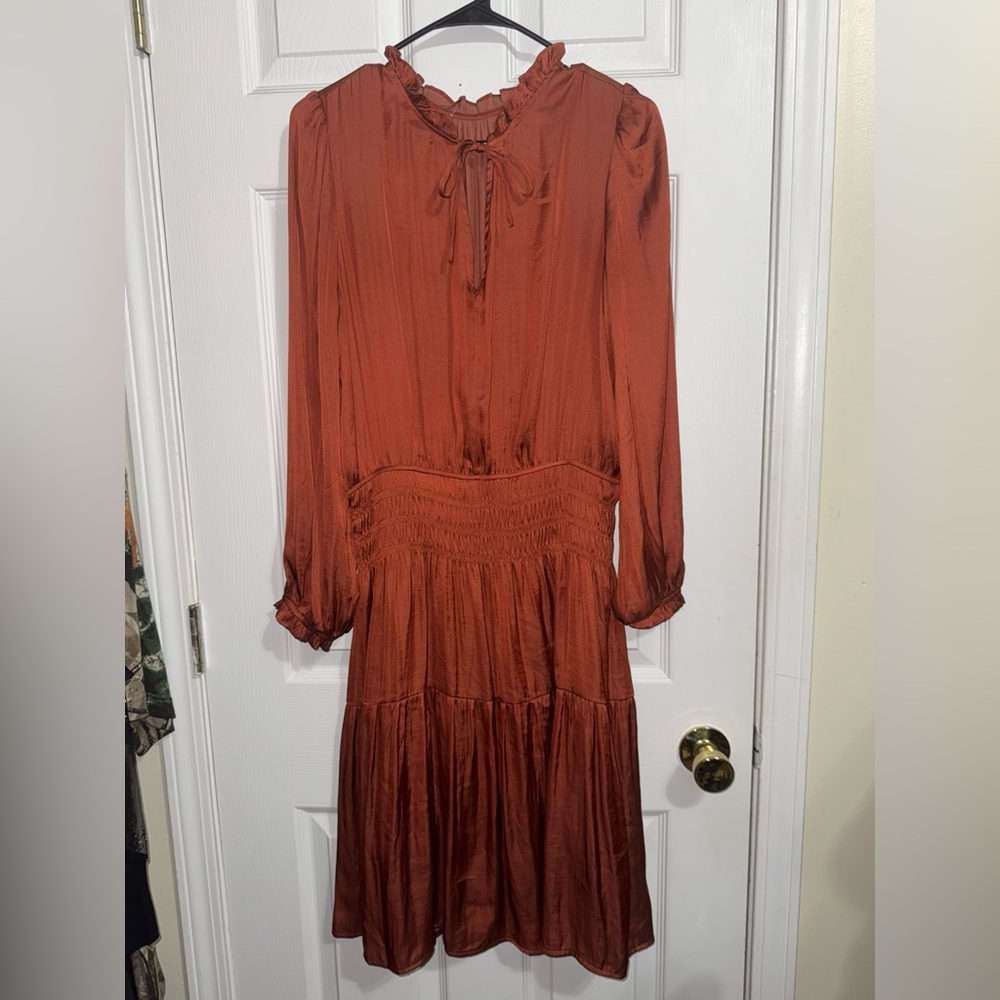 Silk Knee Length Long Sleeved Dress in rust - Picture 2 of 6